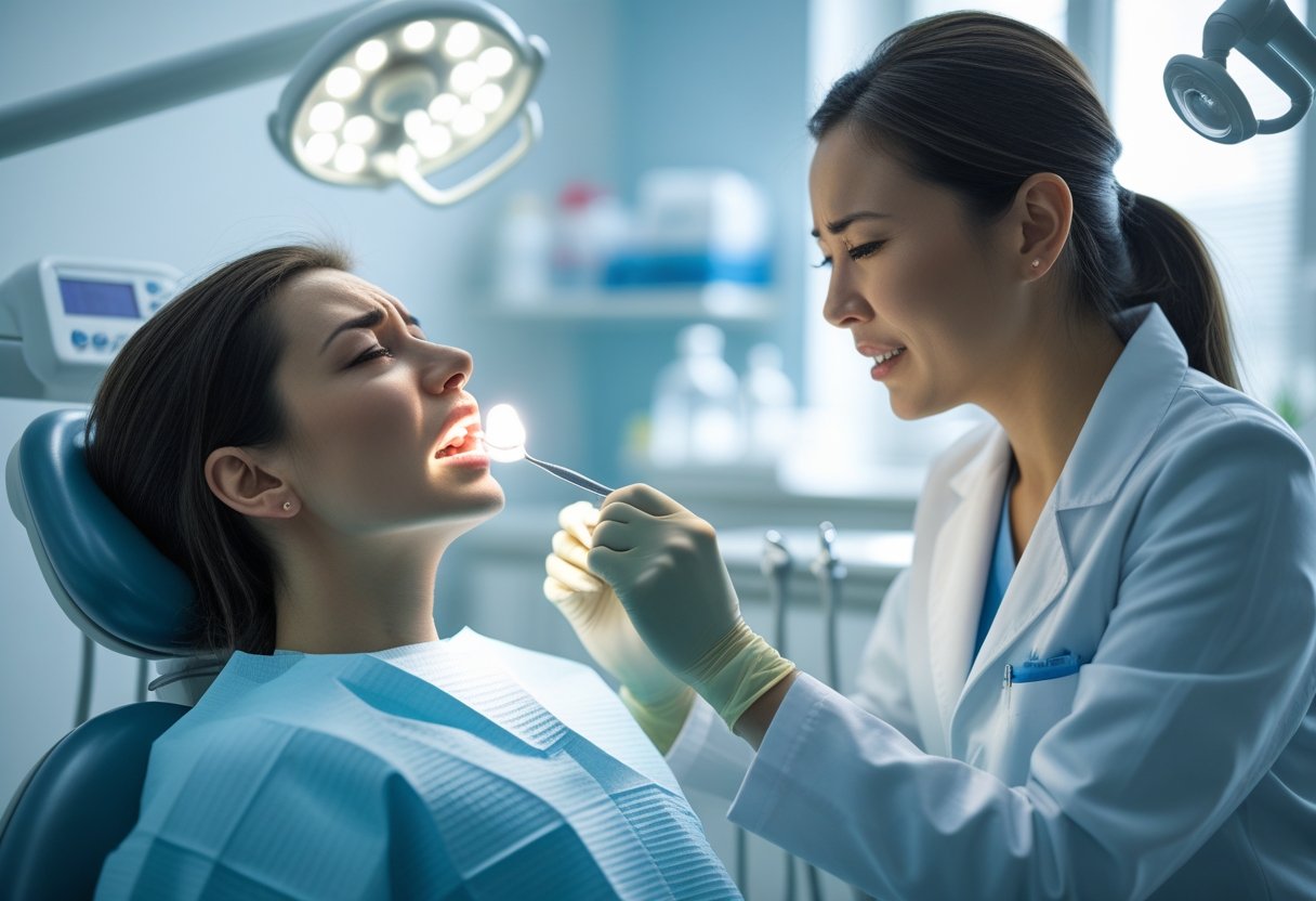 A dentist examining a patient who is holding their cheek in pain inside a modern dental clinic.