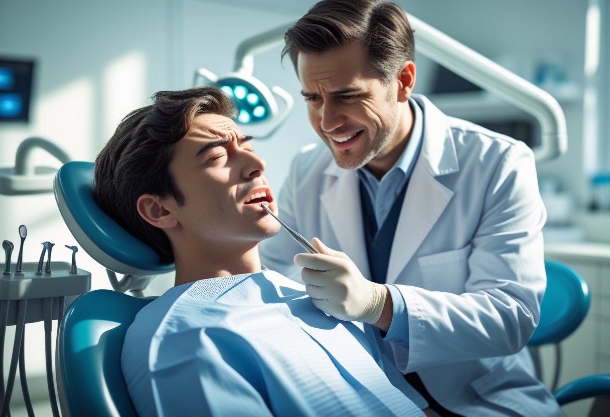 A dentist attentively examining a patient in a modern dental clinic during a dental emergency.