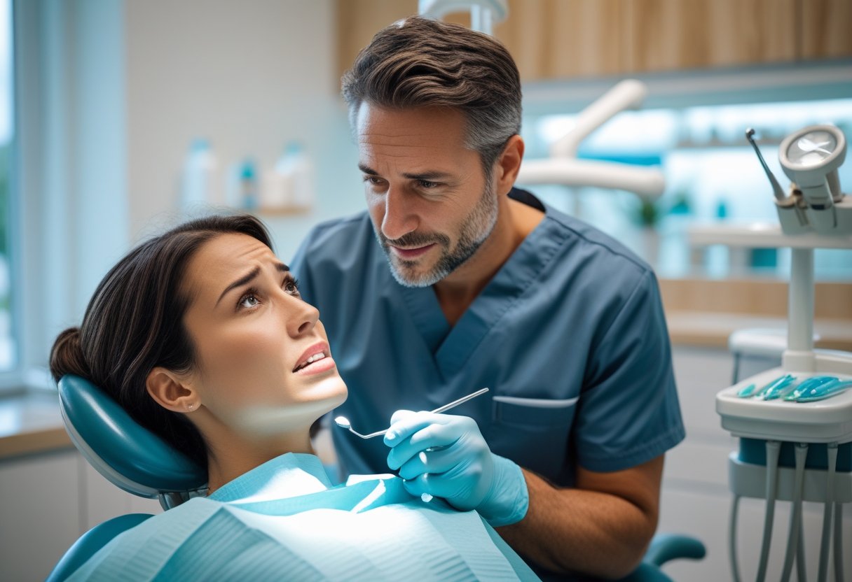 A dentist attentively examining a patient in a modern dental clinic during a dental emergency.