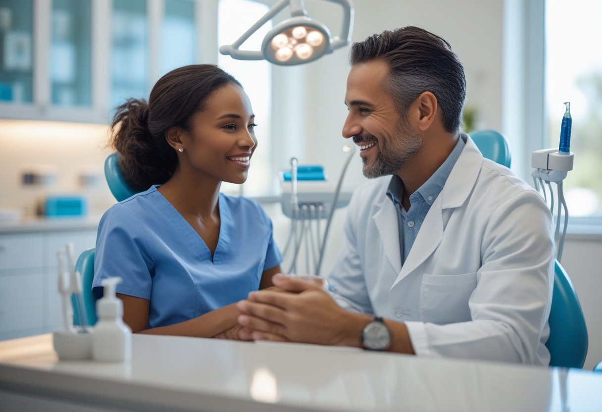 A dentist and patient talking together in a modern dental clinic.