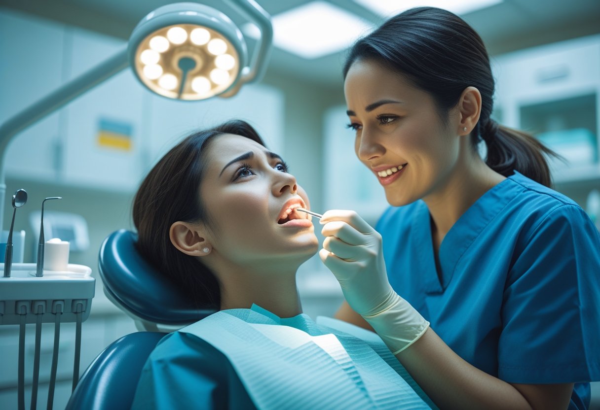 A dentist attentively examining a patient seated in a dental chair inside a modern dental clinic.