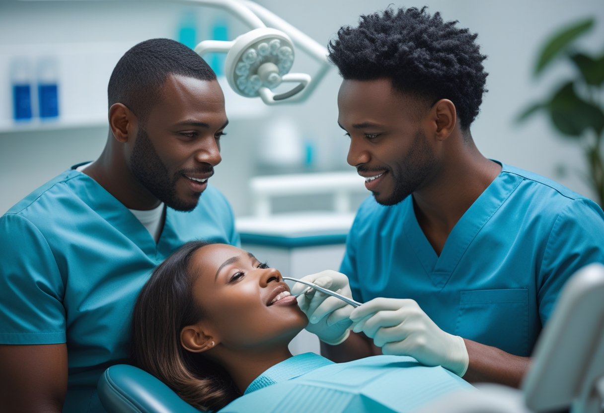 A dentist attentively explaining dental emergency steps to a patient in a modern dental clinic.