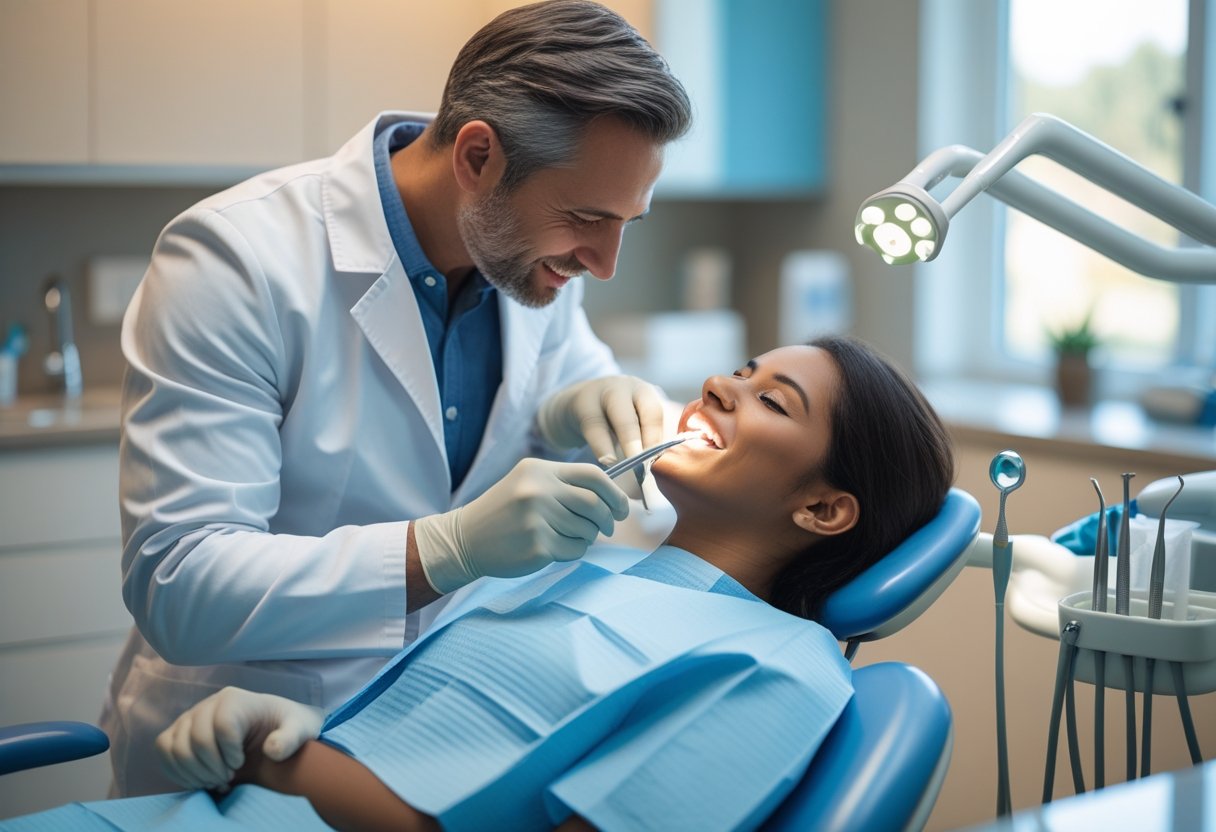 A dentist and dental assistant providing care to a patient in a modern dental clinic.