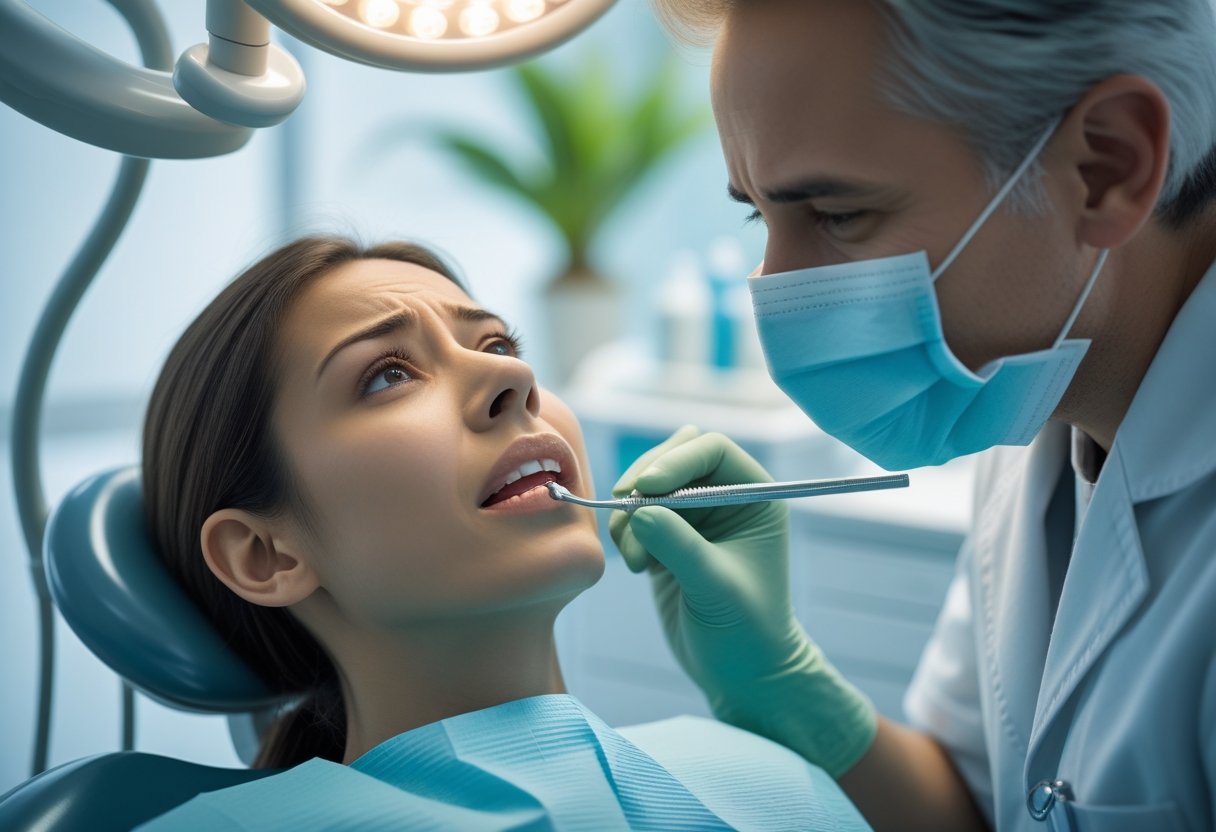 A dentist gently examining a patient’s mouth in a modern dental clinic during a dental emergency.