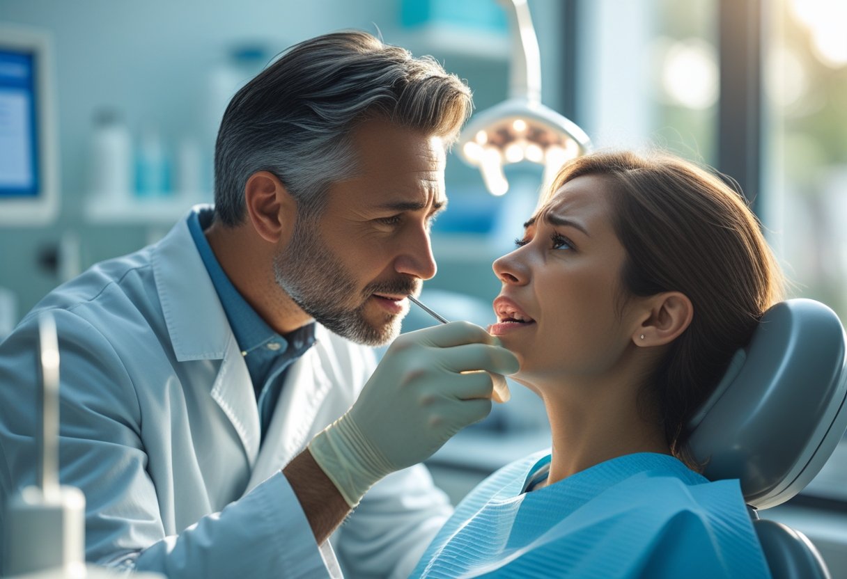 A dentist attentively examining a concerned patient in a modern dental clinic.