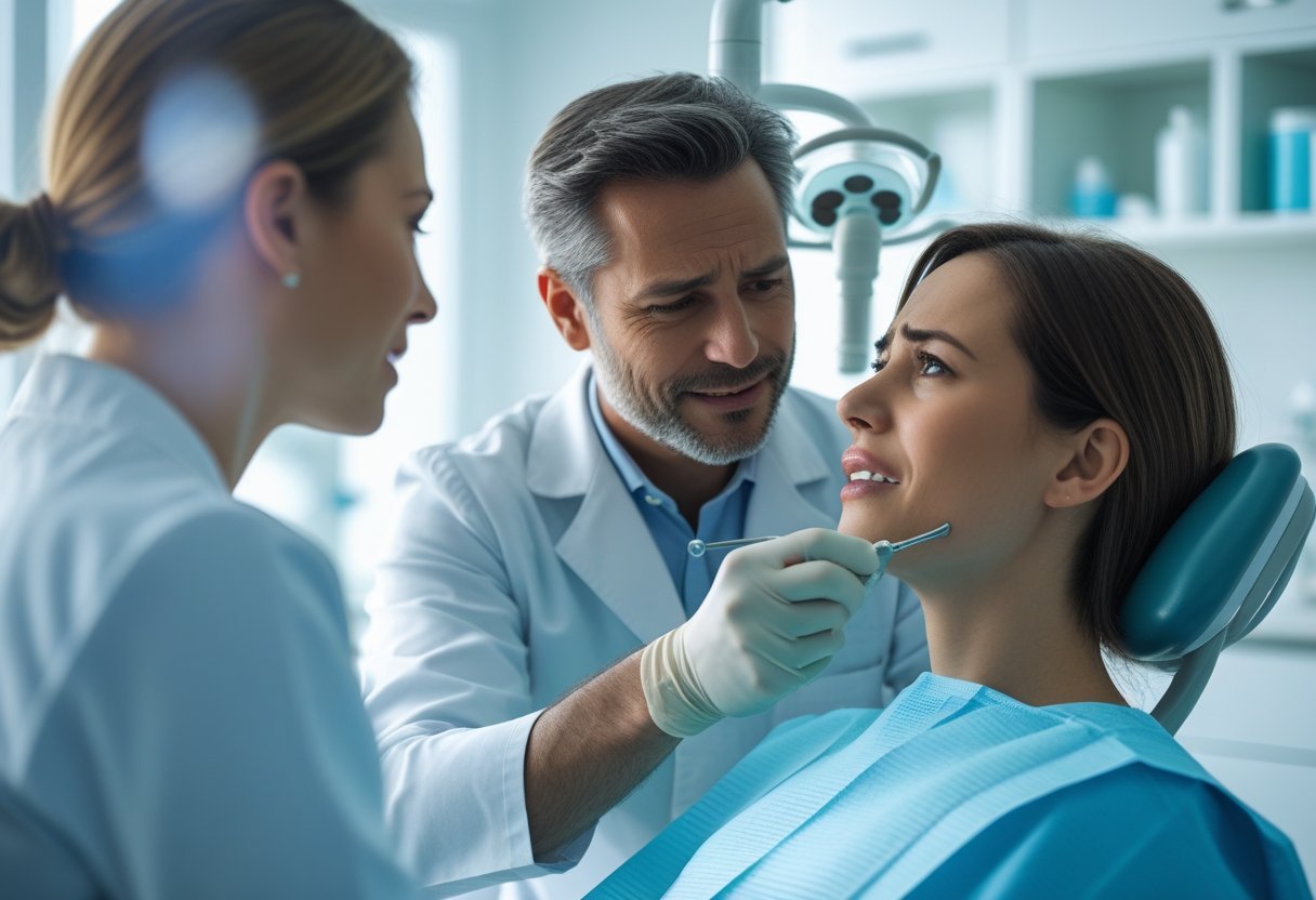 A dentist attentively examining a patient in a modern dental clinic during a dental emergency.