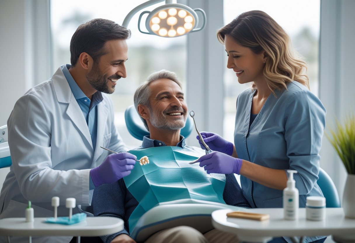 A dentist and an alternative dental care practitioner warmly discussing treatment options with a patient in a modern dental clinic.