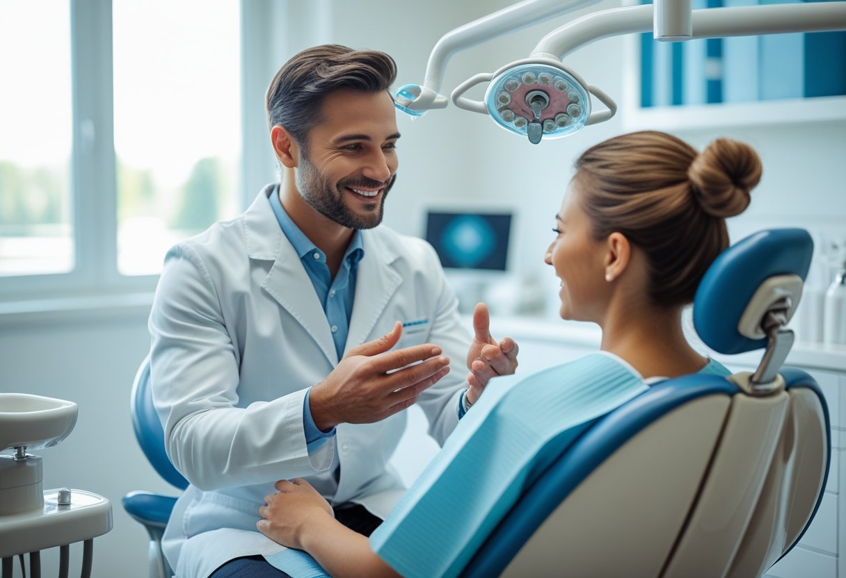 A dentist warmly talking to a patient in a modern dental clinic.