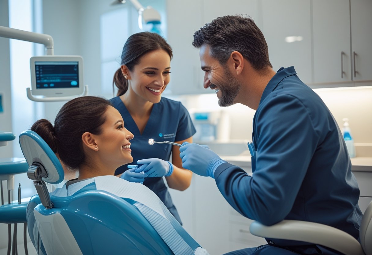 A dentist and dental hygienist talking with a patient in a modern dental clinic, all smiling and engaged in conversation.