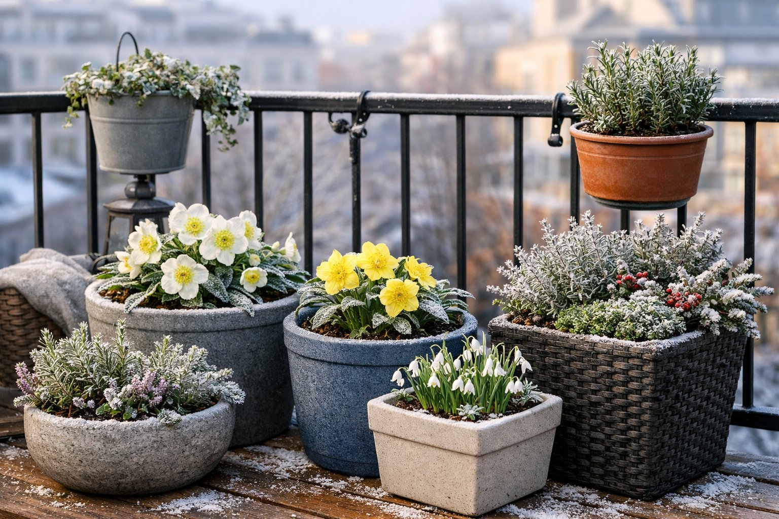 A balcony garden with winter-proof pots containing flowering plants and shrubs dusted with frost, set against a blurred city background.