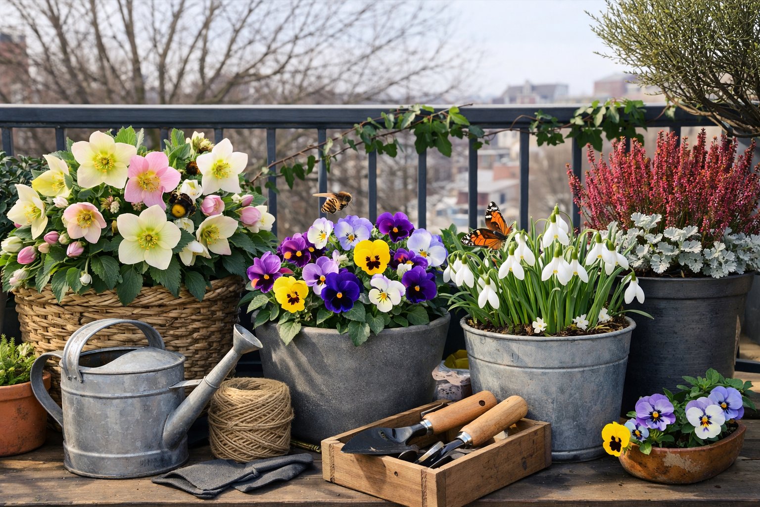 A balcony garden with winter flowers and pollinators like bees, showing plants in pots and gardening tools nearby.