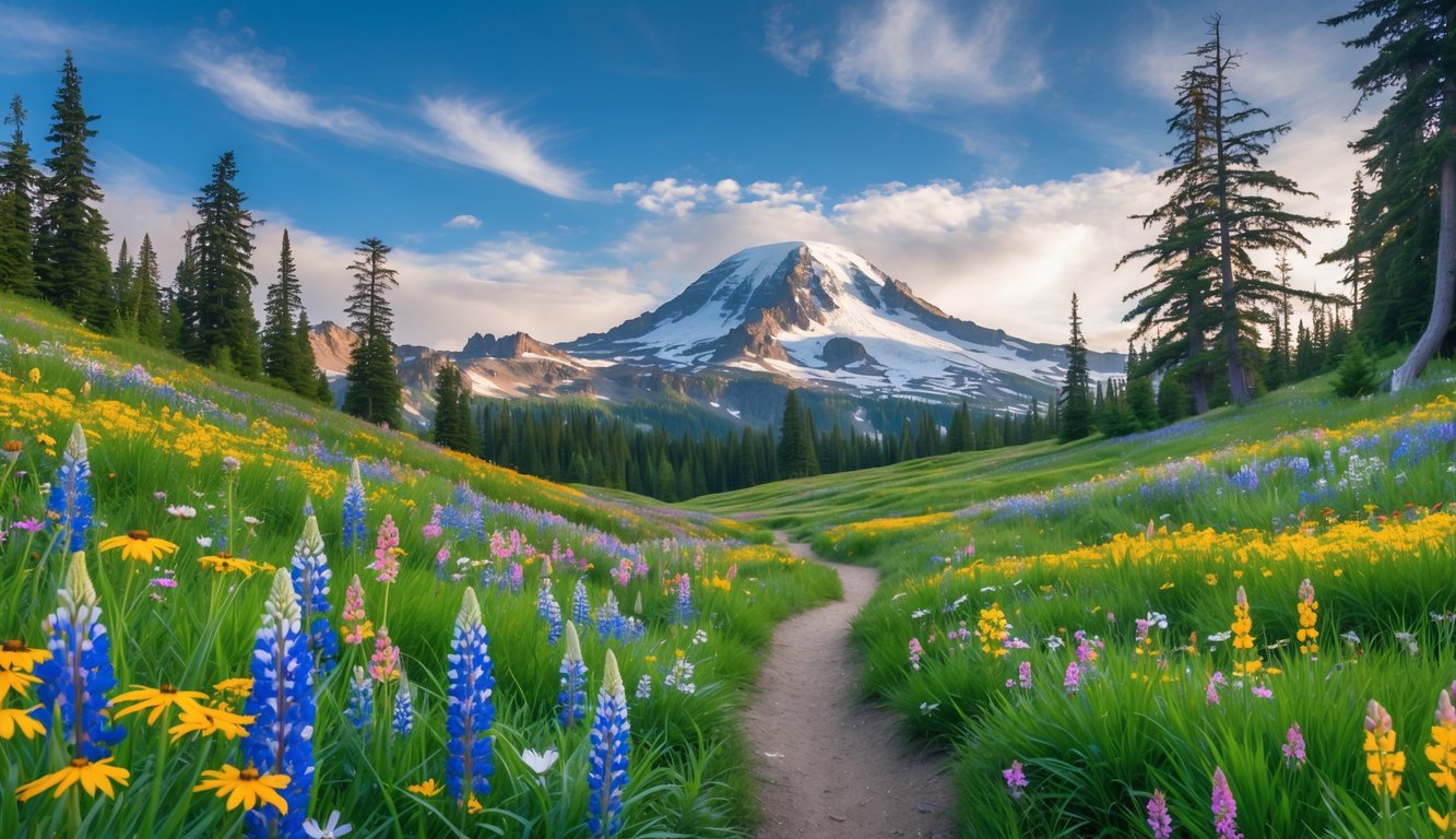 A colorful wildflower meadow with a hiking trail leading toward snow-capped Mount Rainier under a blue sky.