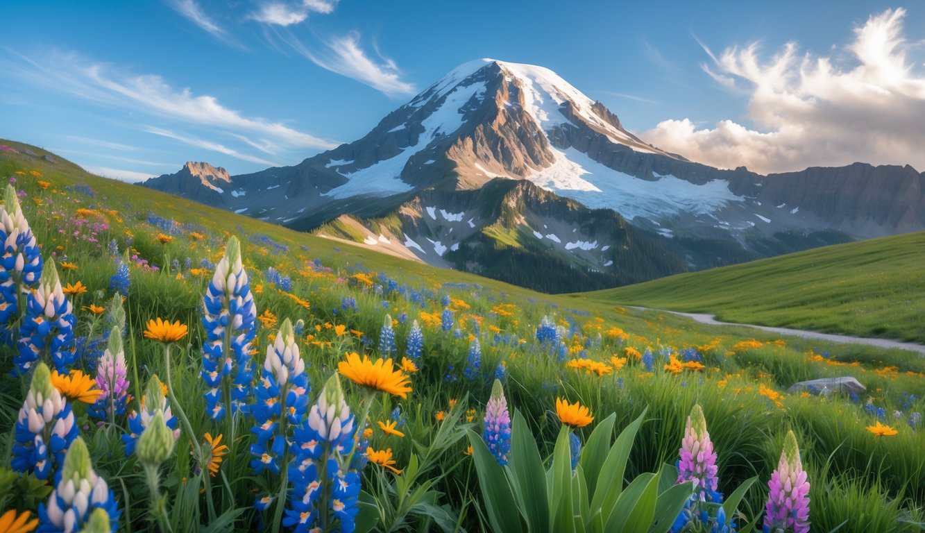 A colorful wildflower meadow with a hiking trail leading toward snow-capped Mount Rainier under a clear blue sky.