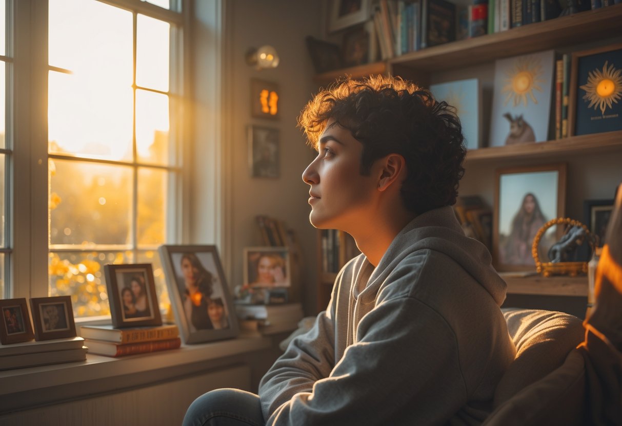 A young adult sitting by a window with warm sunlight, surrounded by personal items, looking thoughtful and confident.