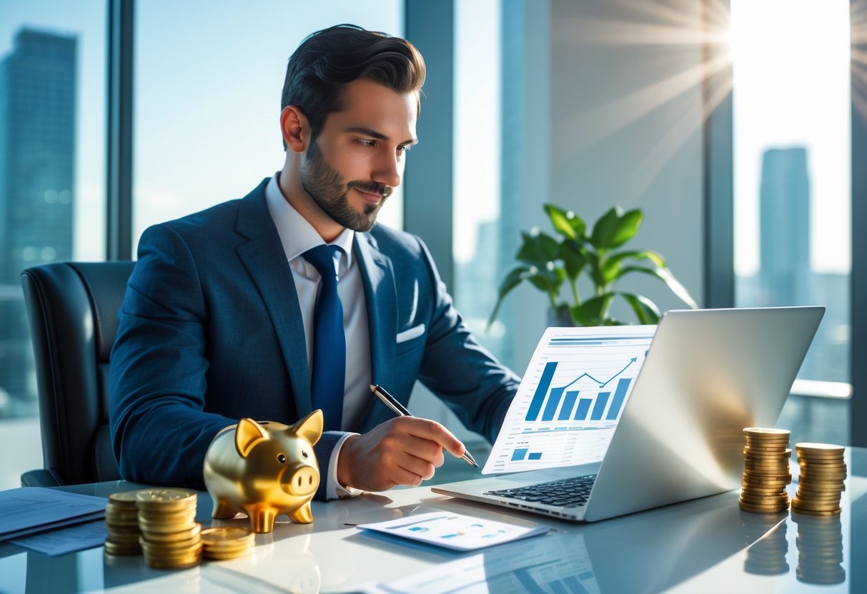 A confident person working at a desk with financial documents and a laptop in a bright office with sunlight and a city skyline visible through large windows.