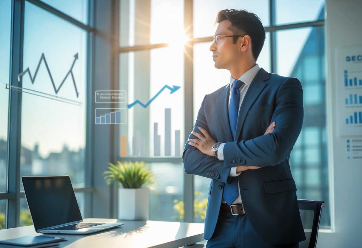 A confident businessperson in a modern office with sunlight streaming through a window, surrounded by work materials and charts indicating career success.