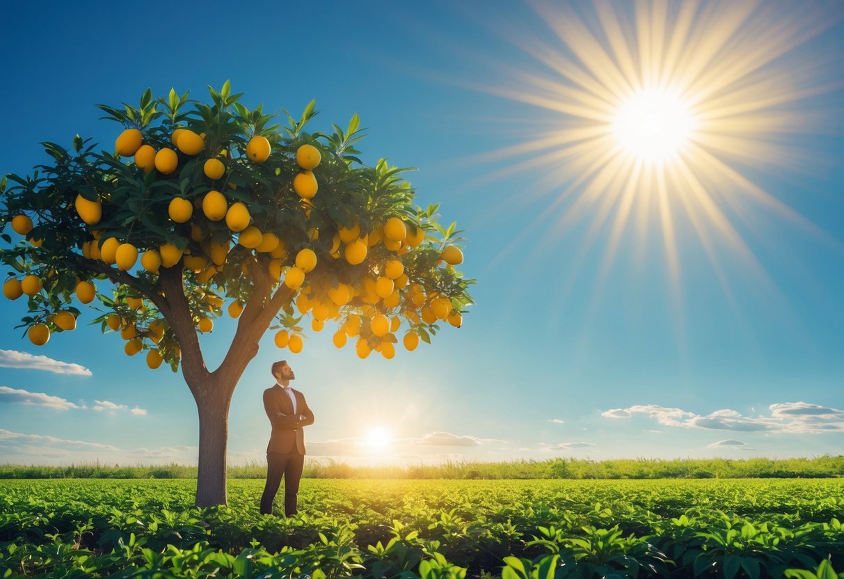 A person standing thoughtfully beside a fruit-bearing tree under a bright sun in a clear sky over a fertile landscape.