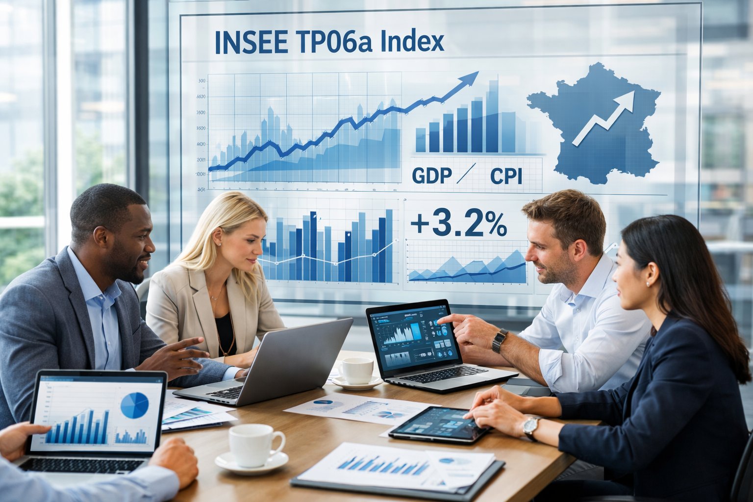 Des professionnels en réunion autour d'une table avec des ordinateurs affichant des graphiques économiques dans un bureau lumineux.