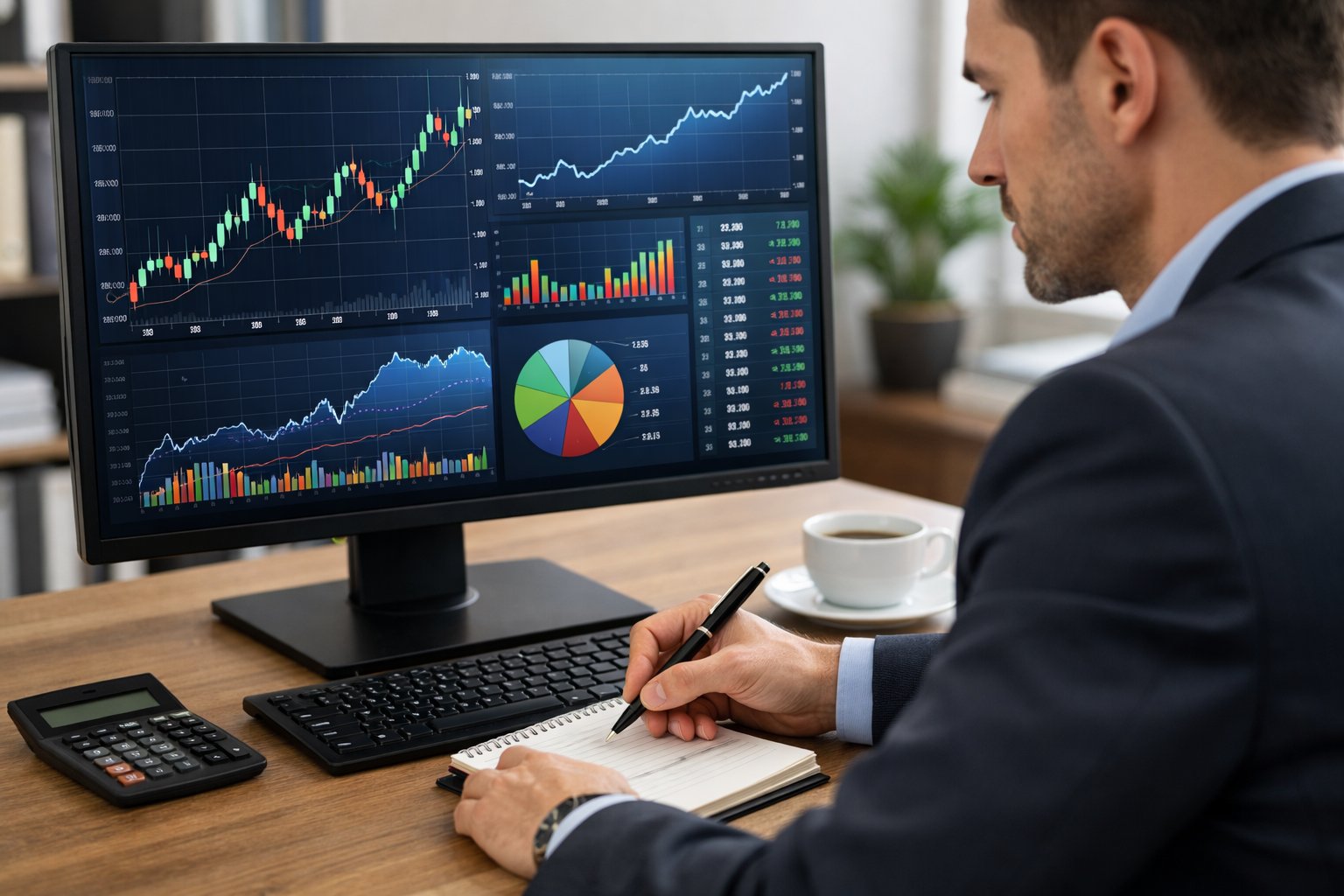 Un professionnel en bureau moderne consulte des données financières sur un écran d’ordinateur tout en prenant des notes.