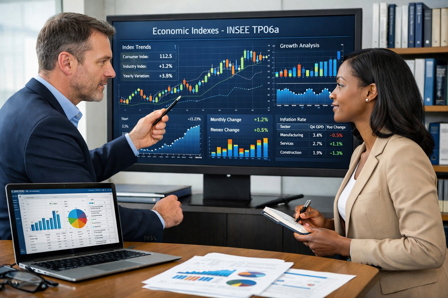 Des professionnels en réunion dans un bureau moderne analysant des graphiques et des données économiques sur un écran numérique.