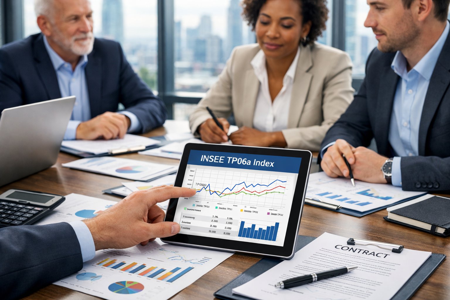 Un groupe de professionnels en réunion autour d'une table de conférence, analysant des documents et des graphiques financiers dans un bureau moderne.