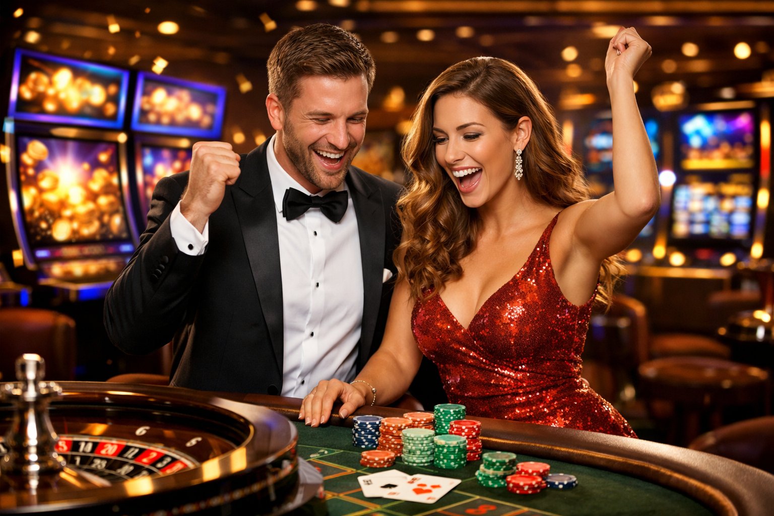 A Man And Woman Celebrating Near A Roulette Table In A Lively Casino With Slot Machines And Glowing Screens In The Background.