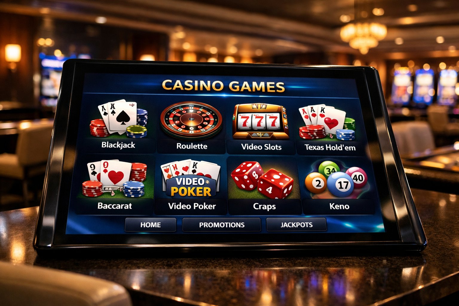 A Modern Casino Game Selection Screen With Colorful Game Icons In A Stylish Casino Setting.