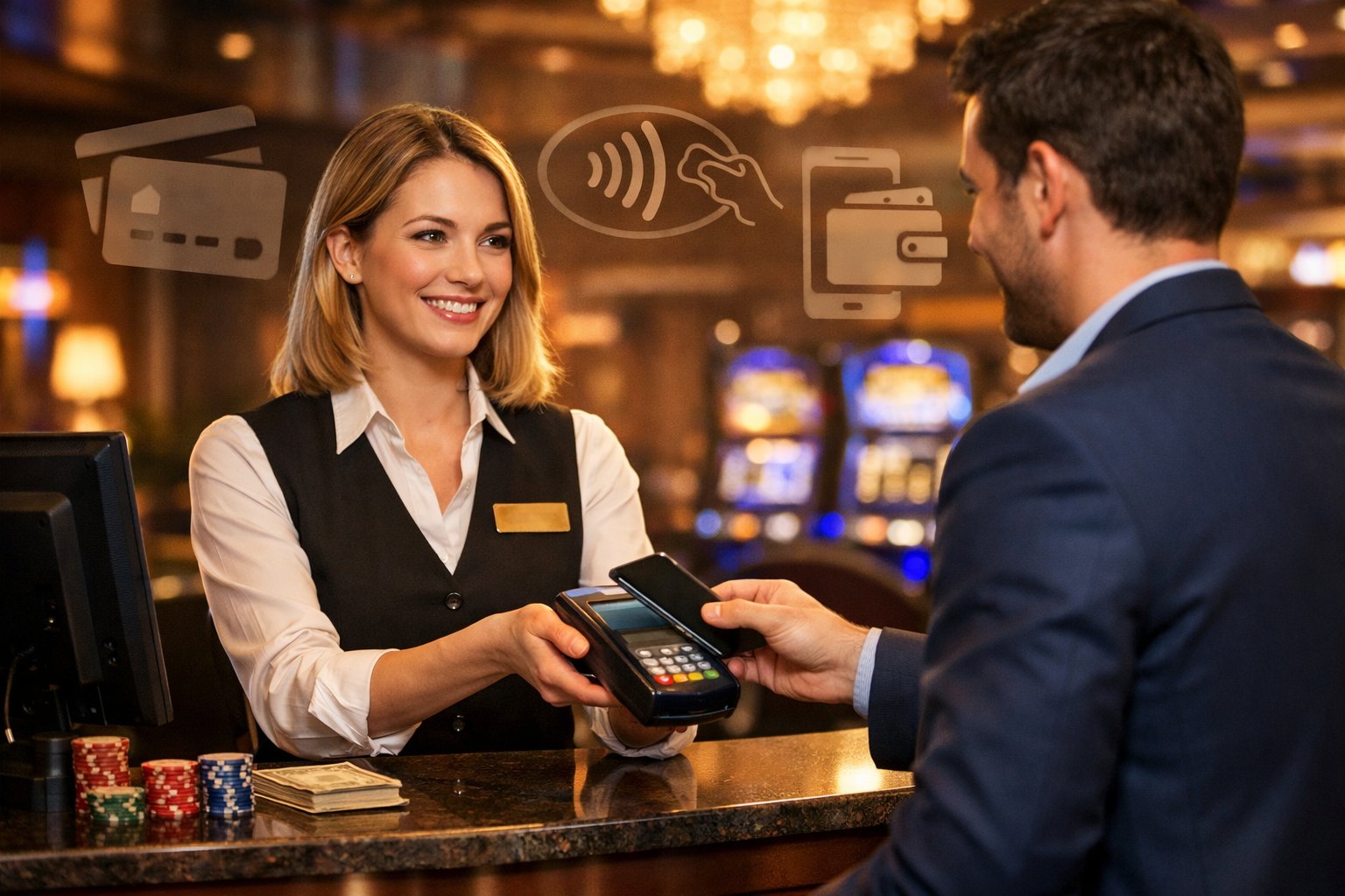 A Customer At A Casino Cashier Counter Being Assisted By An Employee With Various Payment Method Icons In The Background.