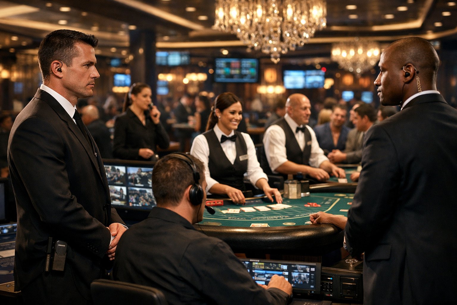 A Casino Floor With Dealers, Security Staff, And Patrons Engaged In Games In A Secure And Fair Environment.