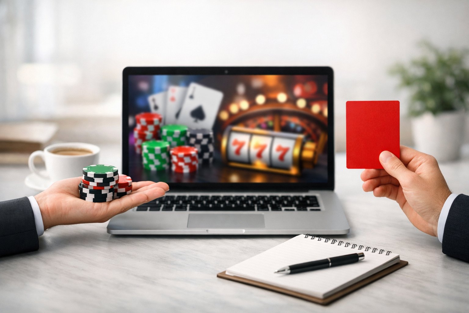 A Person At A Desk Holding Poker Chips In One Hand And A Caution Sign In The Other, With A Laptop Showing Casino Graphics In The Background.