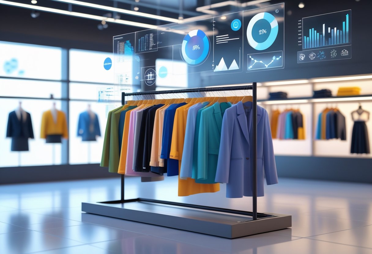 Uma loja de roupas com uma arara central cheia de roupas organizadas, cercada por gráficos e ícones que representam dados e análise para melhorar a venda dos produtos, usando conhecimento de visual merchandising.