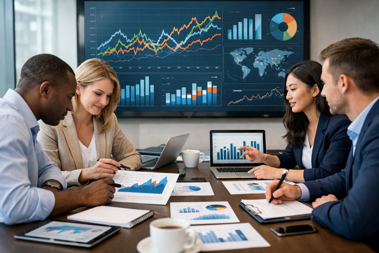 Des professionnels collaborent autour d'une table avec des ordinateurs et des graphiques, analysant des données économiques dans un bureau moderne.