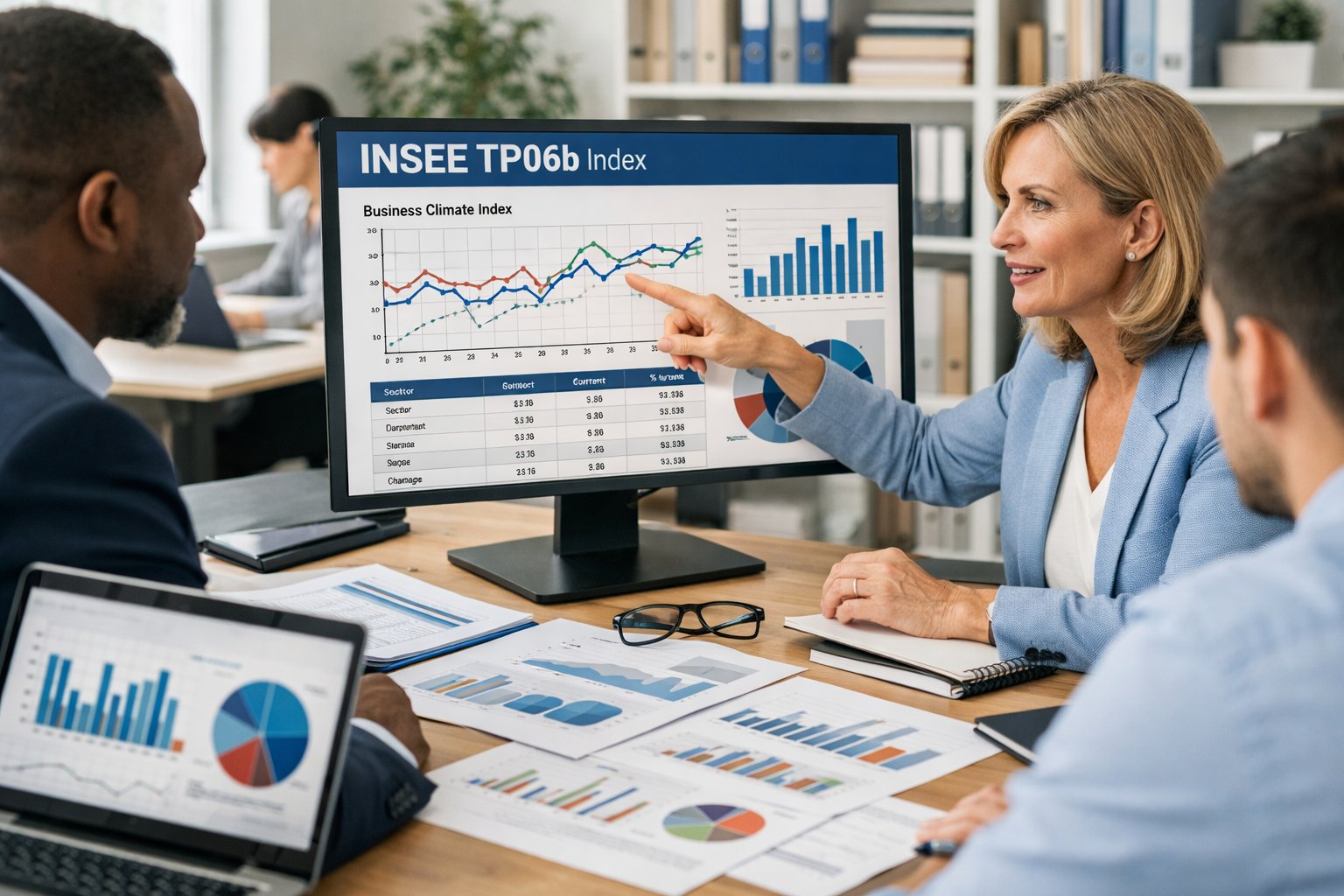 Des professionnels en bureau analysant des graphiques et des documents statistiques sur des écrans et des papiers.