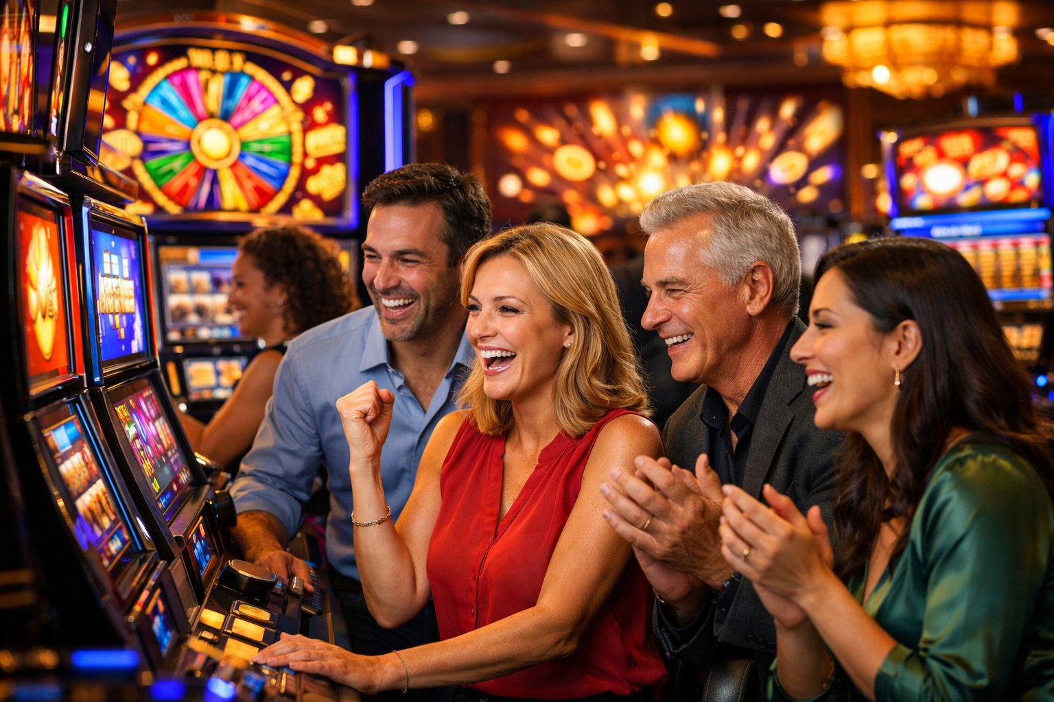 A Group Of People Enjoying A Lively Casino With Slot Machines And Colorful Lights, Celebrating Wins And Promotions.