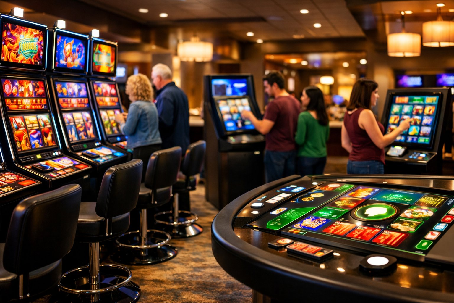 People Selecting Games On Digital Screens In A Modern Casino Gaming Area.