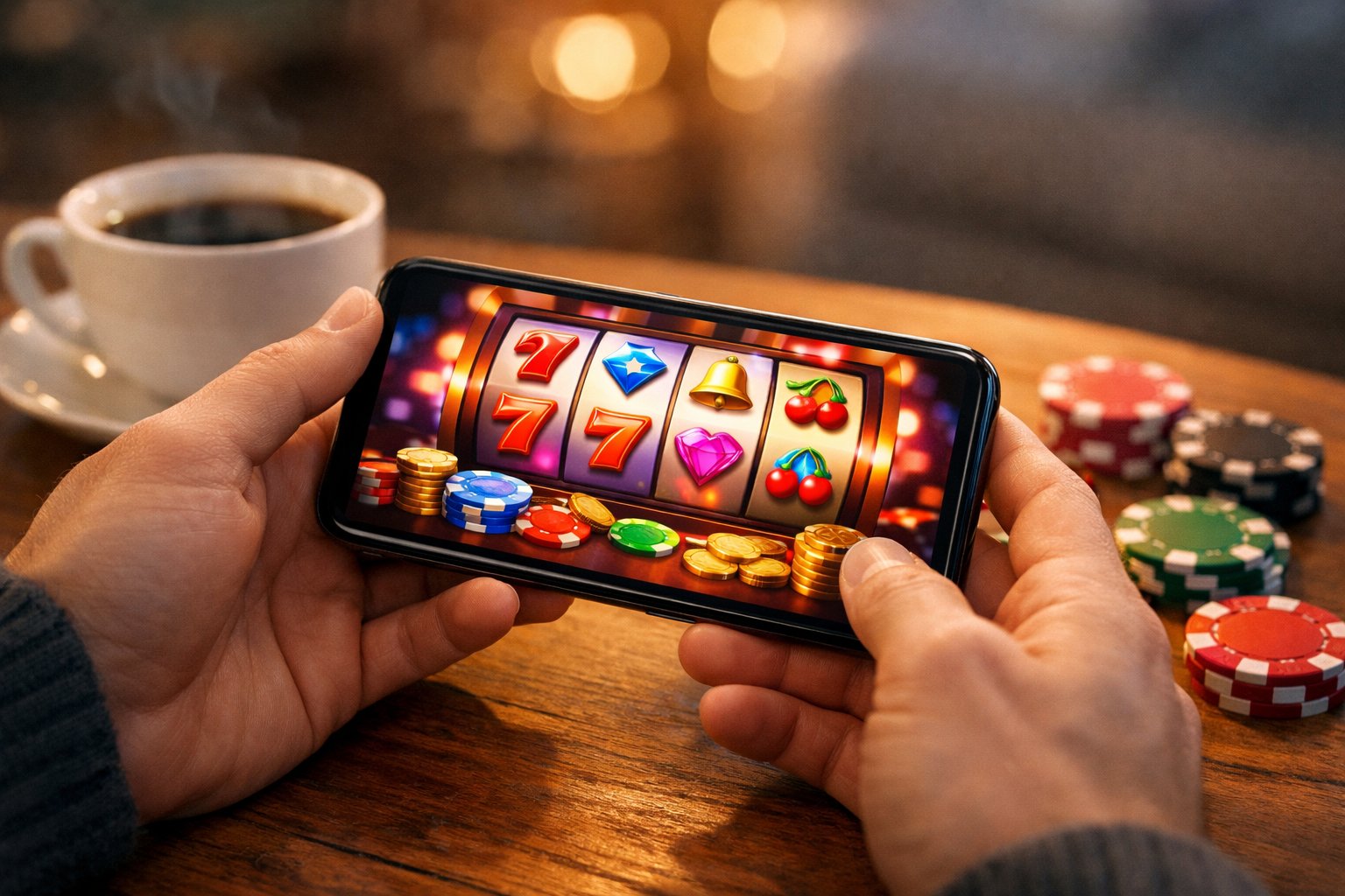 CloseUp Of Hands Holding A Smartphone Showing A Colorful Casino Game, With Casino Chips And A Coffee Cup On A Table In The Background.