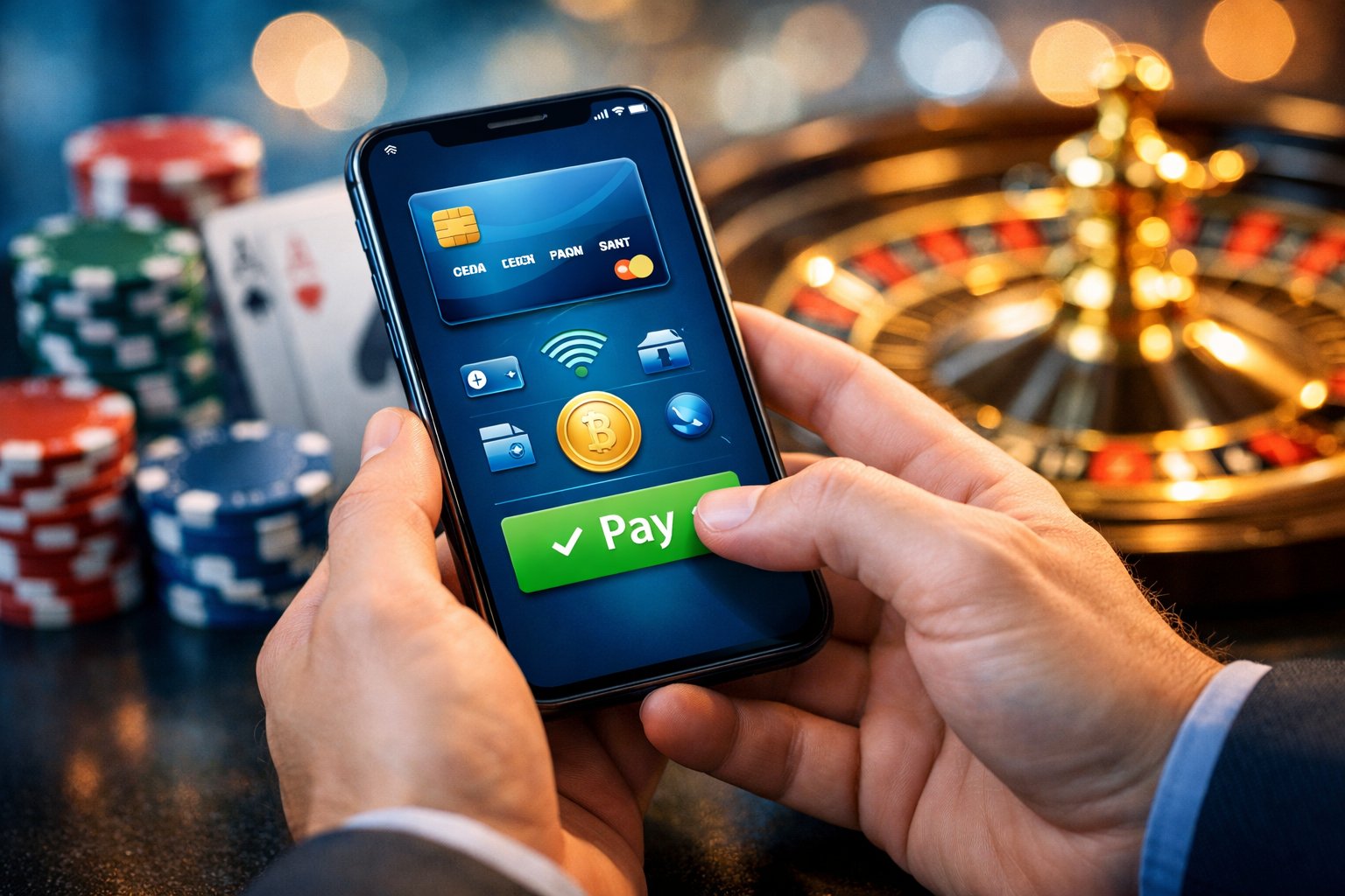Hands Holding A Smartphone Showing A Digital Payment App With Blurred Casino Elements Like Poker Chips And Cards In The Background.