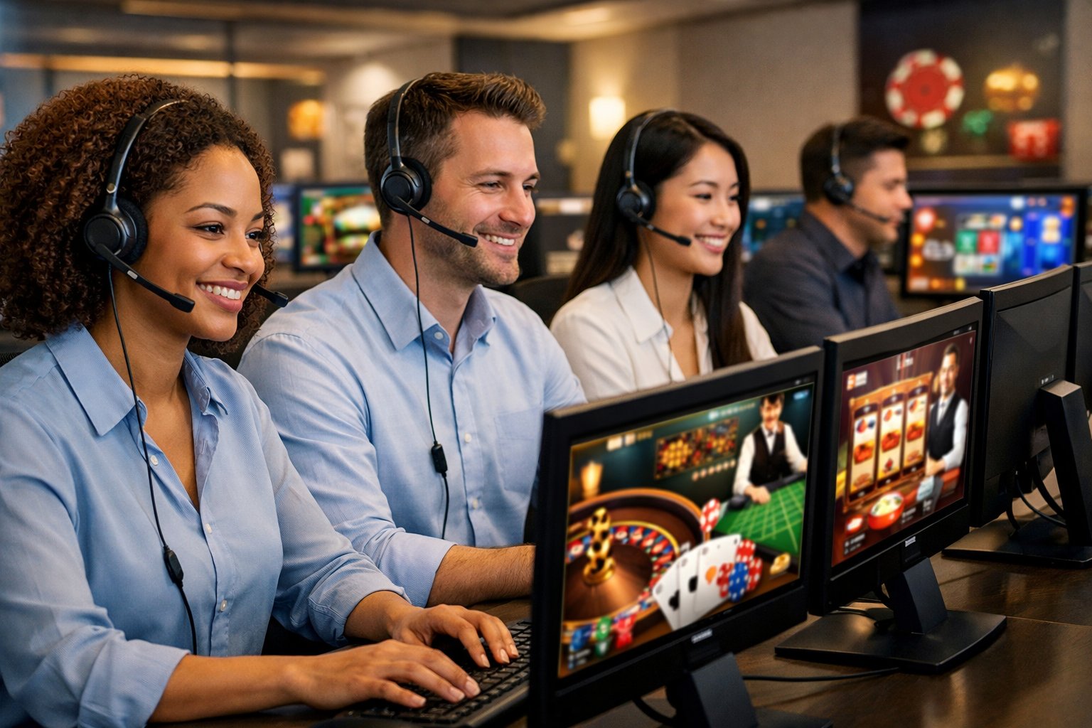 Customer Support Representatives Wearing Headsets Working At Computers In A Modern Office Environment.