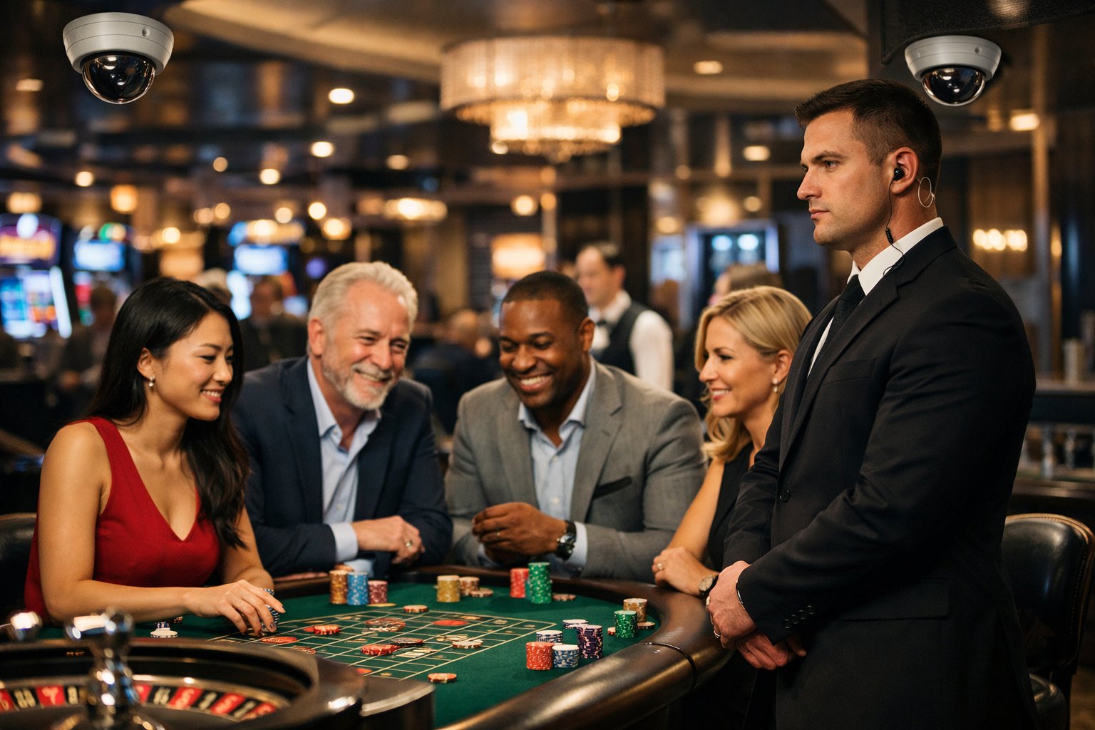 A Casino Interior Showing A Security Guard Watching Over Players Engaged In Games, Highlighting A Safe And Fair Gaming Environment.