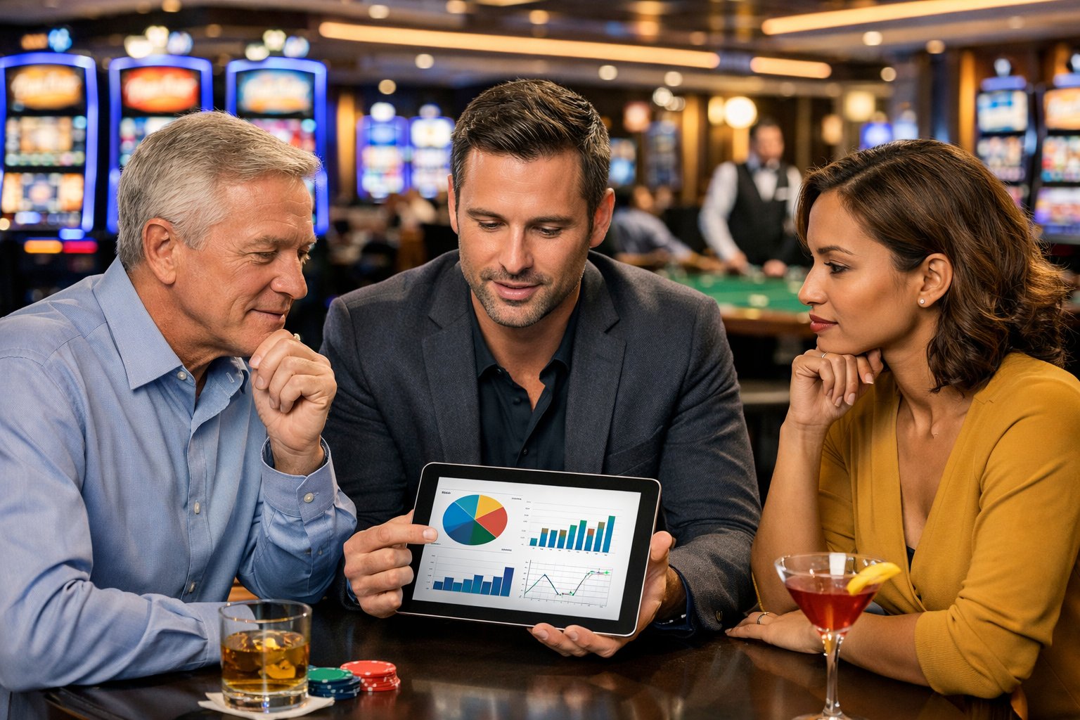 Three Adults Discussing In A Modern Casino With Slot Machines And Poker Tables In The Background.