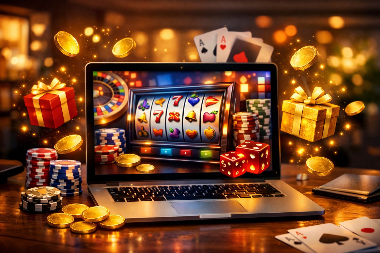 A Computer Displaying An Online Casino Interface Surrounded By Poker Chips, Playing Cards, And Coins Representing Bonuses And Promotions.