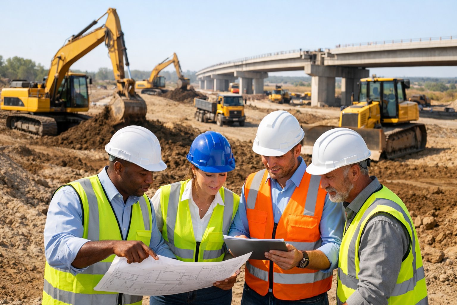 Un chantier de construction avec des engins lourds en fonctionnement et des ingénieurs en casque et gilet réfléchissant examinant des plans et des tablettes numériques.