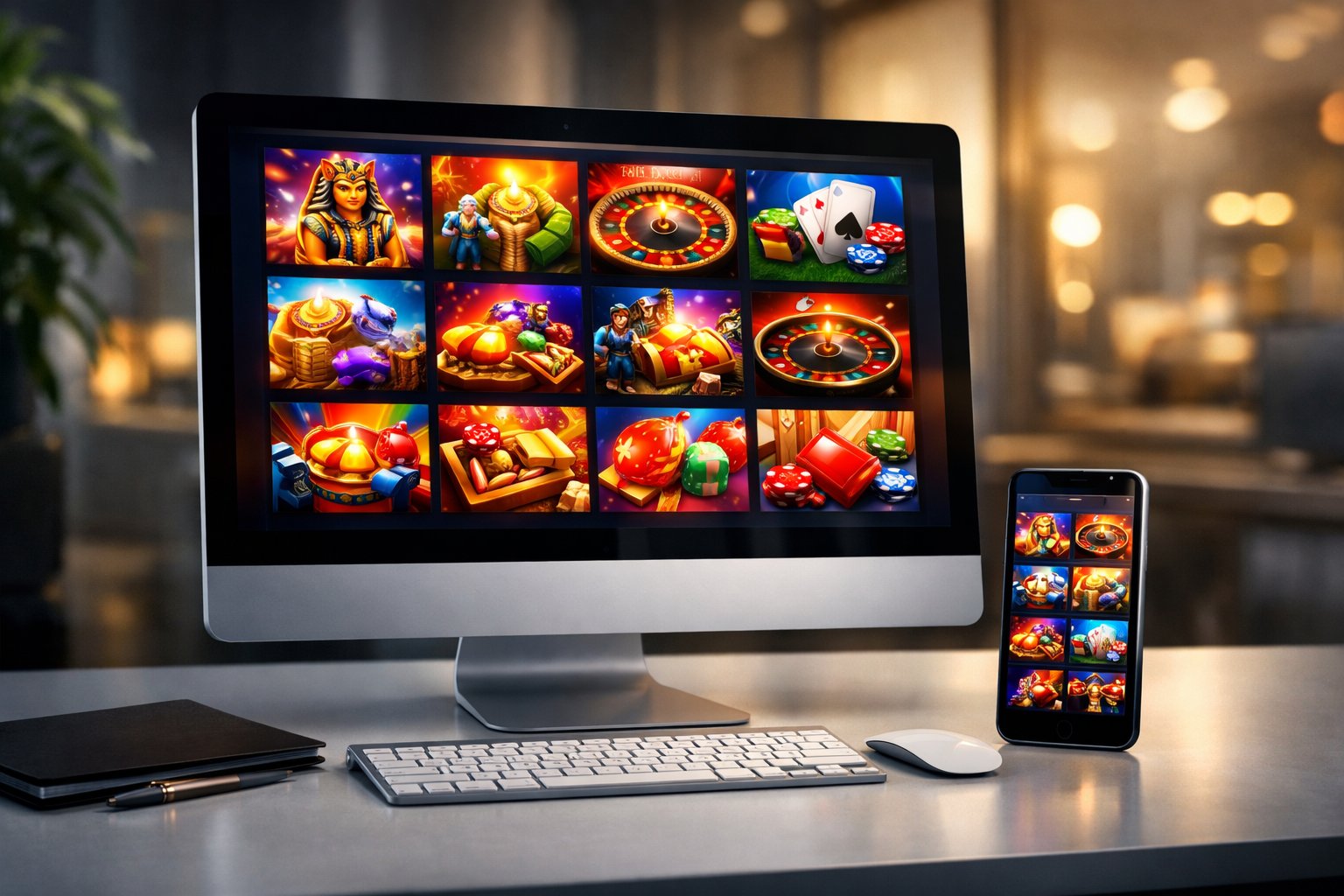 A Desktop Computer And Smartphone Displaying Colorful Casino Game Icons On A Desk In A Modern Office Setting.