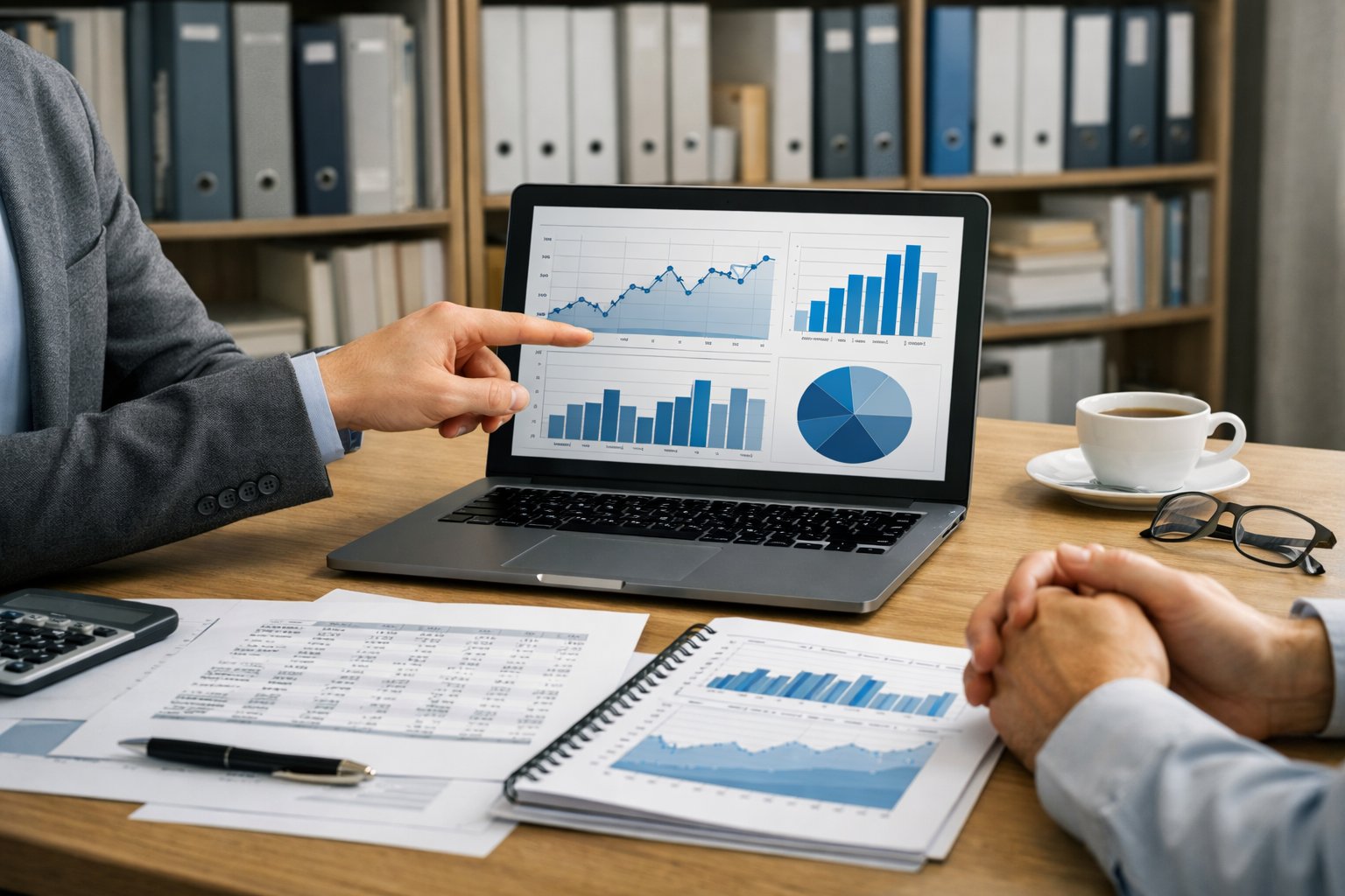 Deux professionnels en bureau discutant devant un ordinateur affichant des graphiques financiers, avec des documents et des classeurs en arrière-plan.