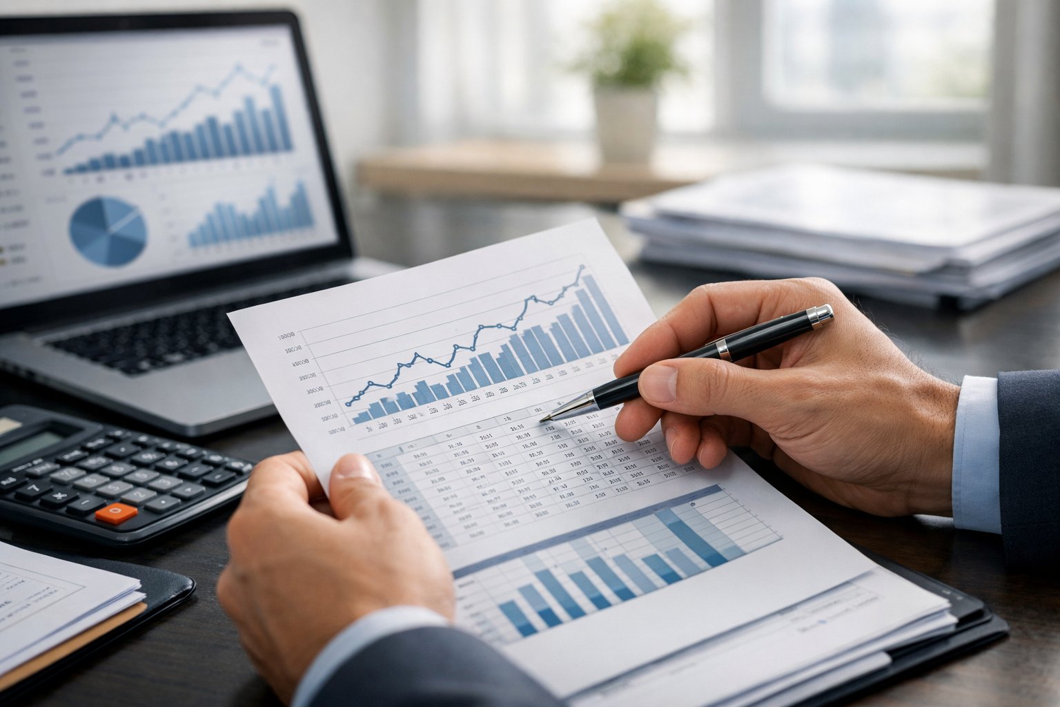 Une personne en bureau examinant des documents financiers avec un stylo, un ordinateur portable et une calculatrice sur le bureau.