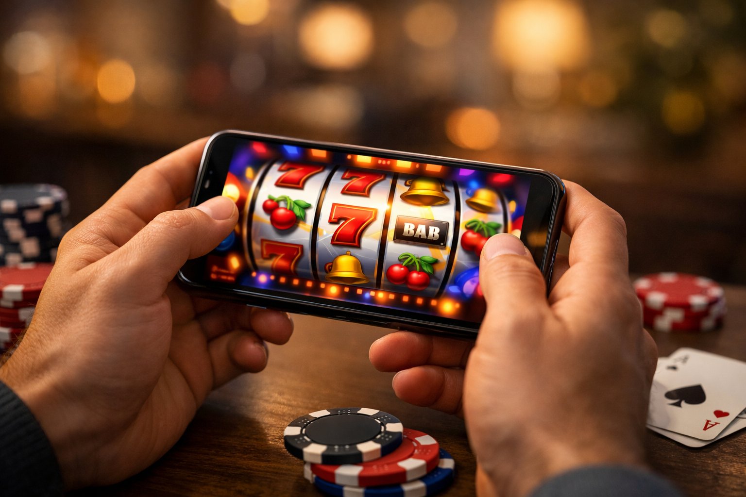 Hands Holding A Smartphone Displaying An Online Casino Game With Poker Chips And Playing Cards On A Nearby Table.