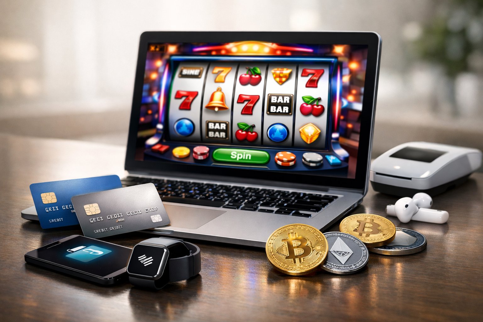 A Laptop Showing An Online Casino Interface With Digital Payment Icons Like Credit Cards And Cryptocurrency Symbols Around It.