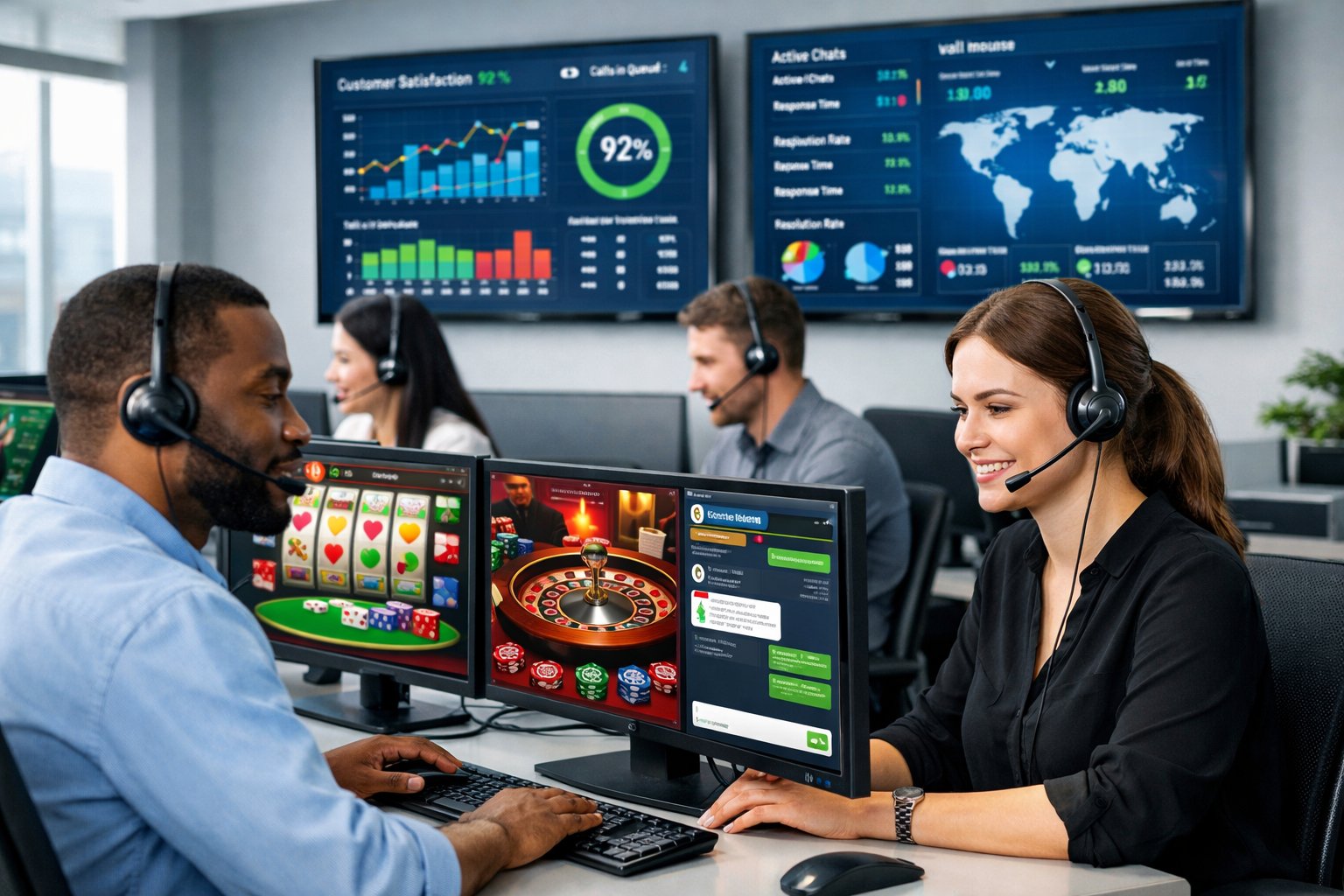 A Team Of Customer Support Representatives Wearing Headsets Working At Computers In A Modern Office Environment.