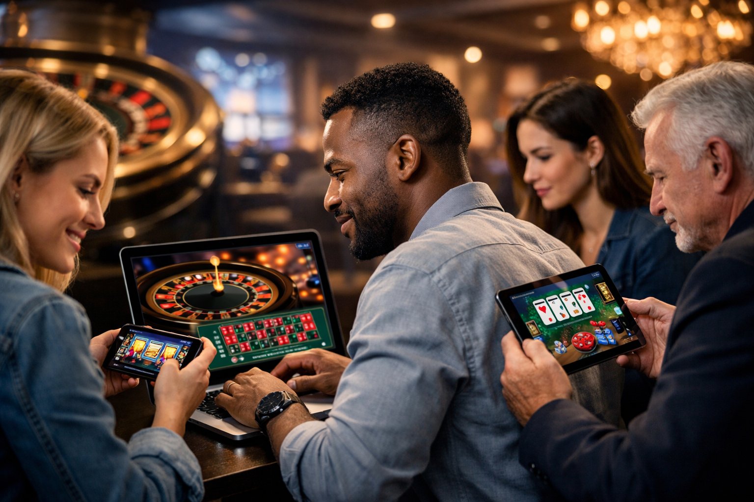 A Group Of People Using Laptops And Smartphones To Play Online Casino Games In A Modern Virtual Casino Setting.