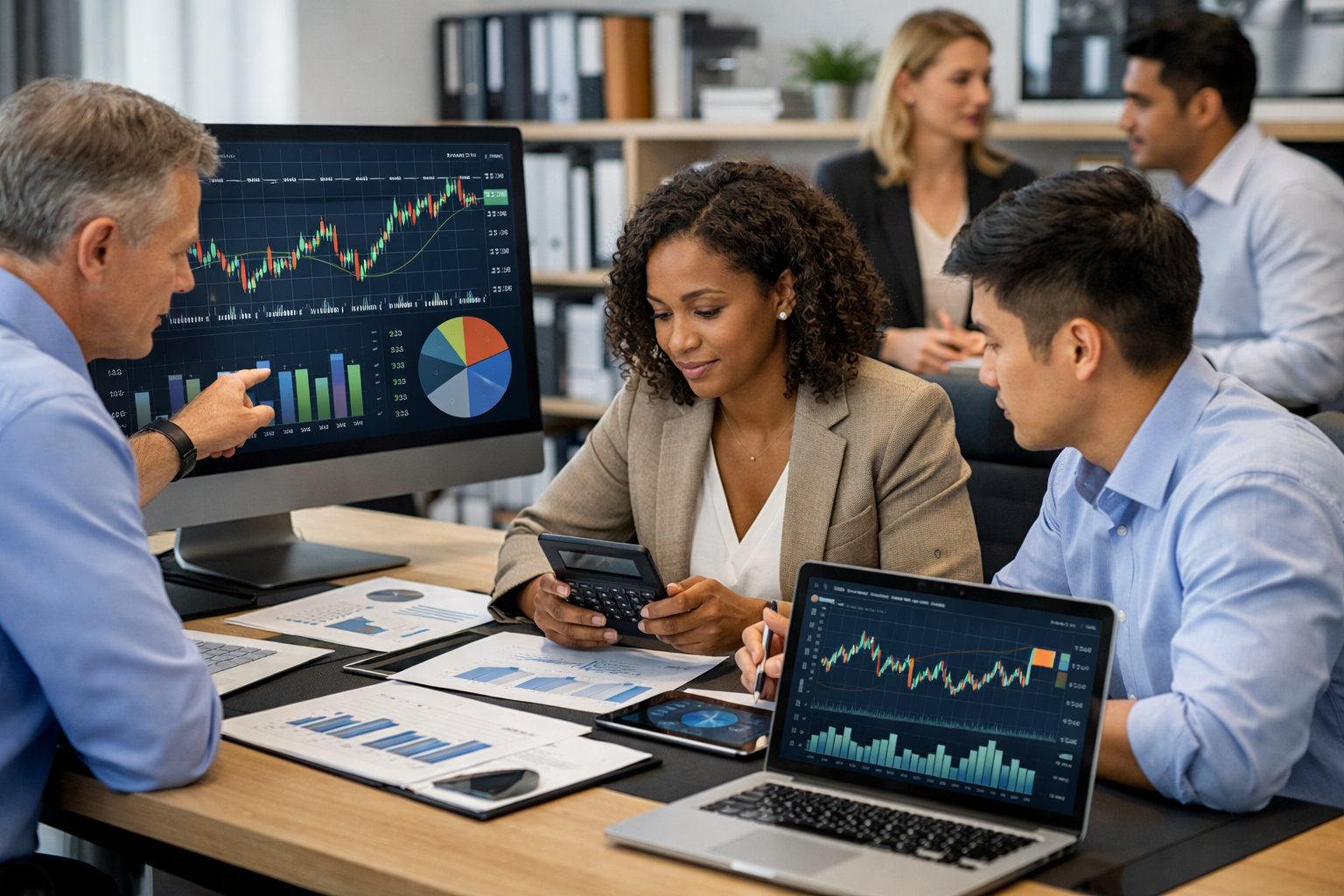 Des professionnels en bureau collaborant autour d'un bureau avec des écrans affichant des graphiques et des données financières.
